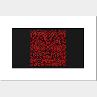 Black on Red Gothic Weird Medieval Lions, Cherubs, and Skulls Scrollwork Damask Posters and Art